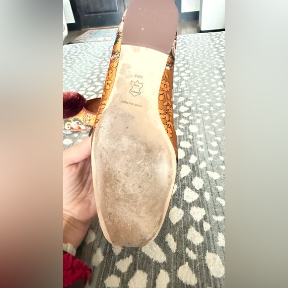 Tory Burch Satin Floral Flats with Burgundy and Gold with Pom - Picture 7 of 9
